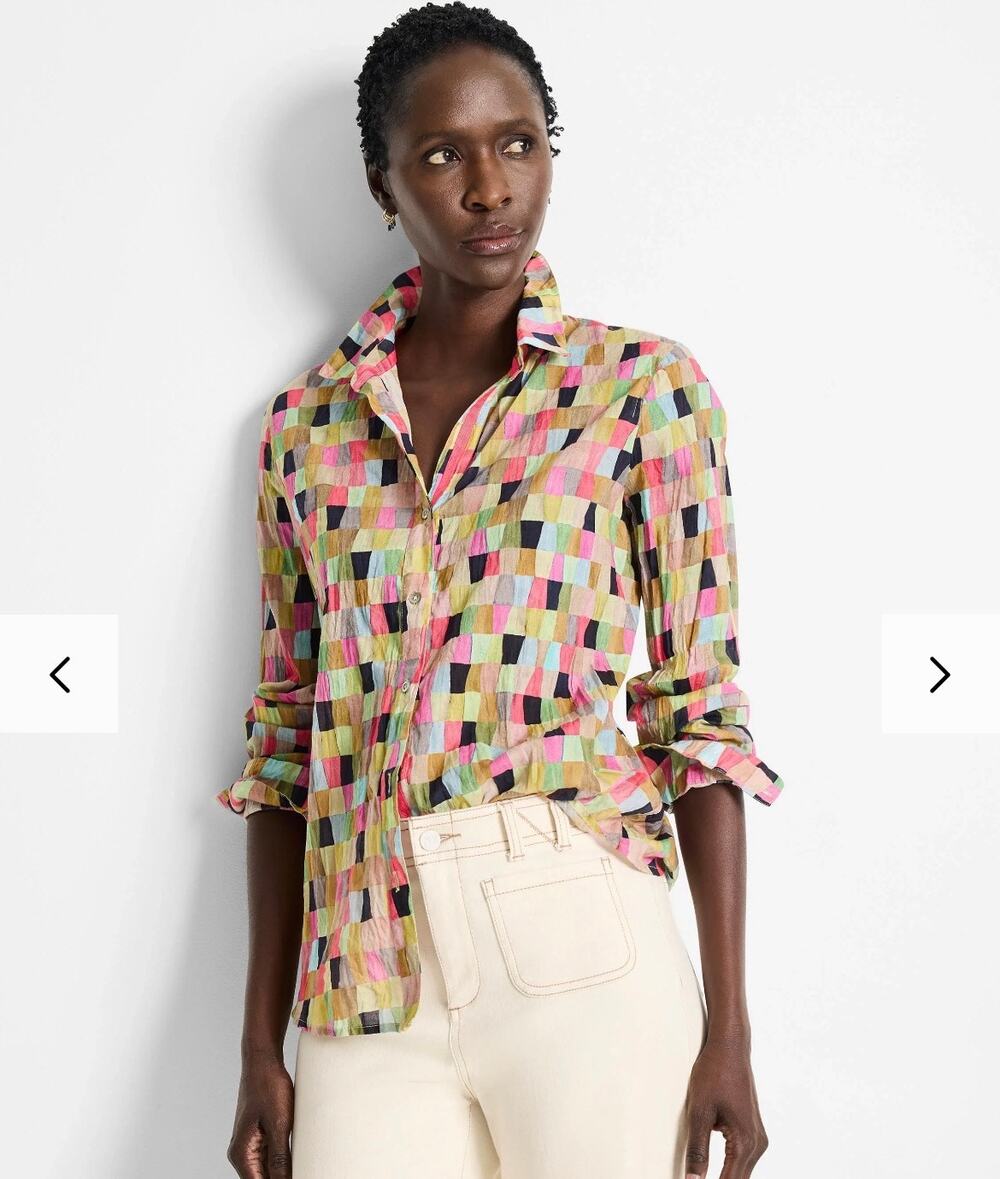 NIC+ZOE Colorwash Cotton Crinkle Shirt in Green Multi 100% cotton